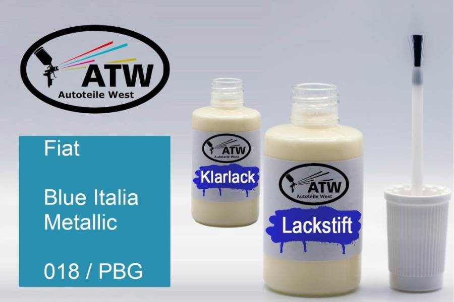 Fiat, Blue Italia Metallic, 018 / PBG: 20ml Lackstift + 20ml Klarlack - Set, von ATW Autoteile West.